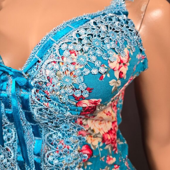 Y2K Blue Floral Lace Bustier Top Ribbon Bow Size M Fairy Feminine Coquette - Picture 5 of 10